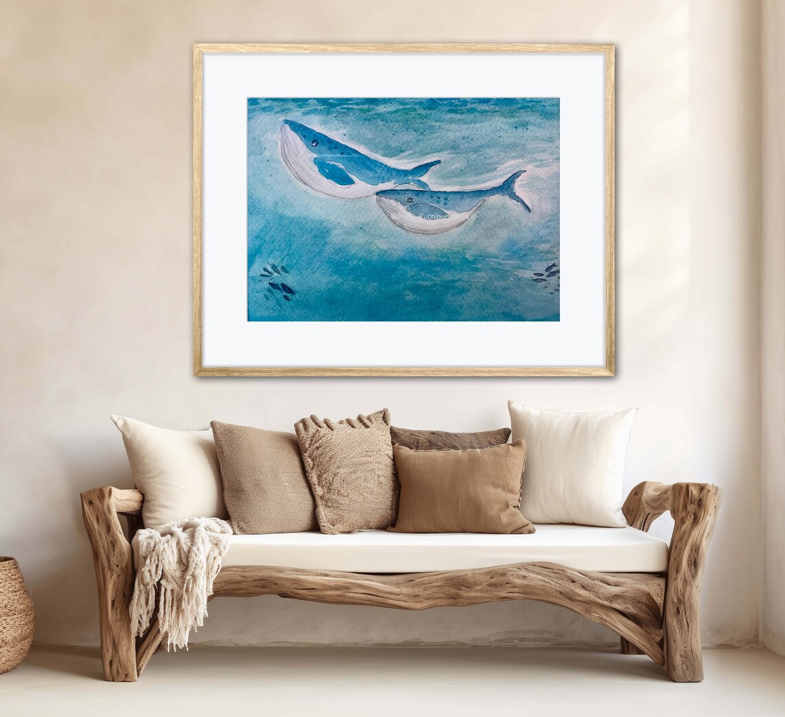 Two Whale Friends Watercolor Blue Ocean Pair Whale Art Poster - Image 3
