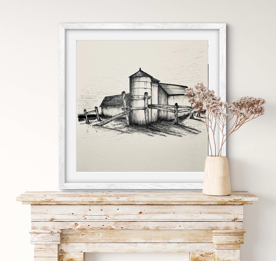 Rustic Farm Barn and Silo Pen and Ink Sketch Countryside Art Poster