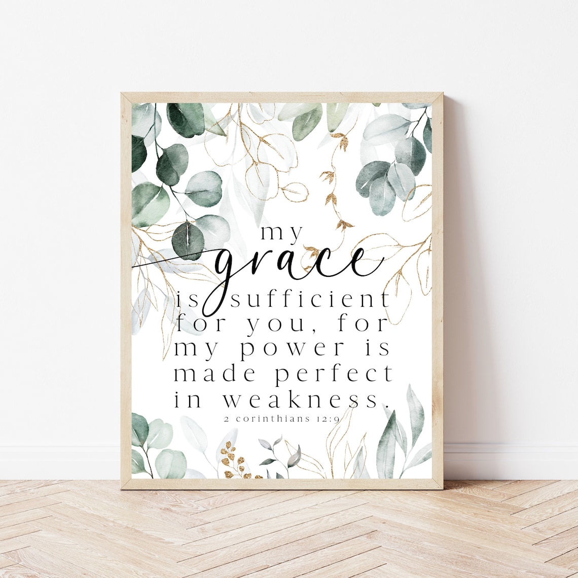 My Grace Is Sufficient 2 Corinthians 12 9 Gold Eucalyptus Scripture Poster