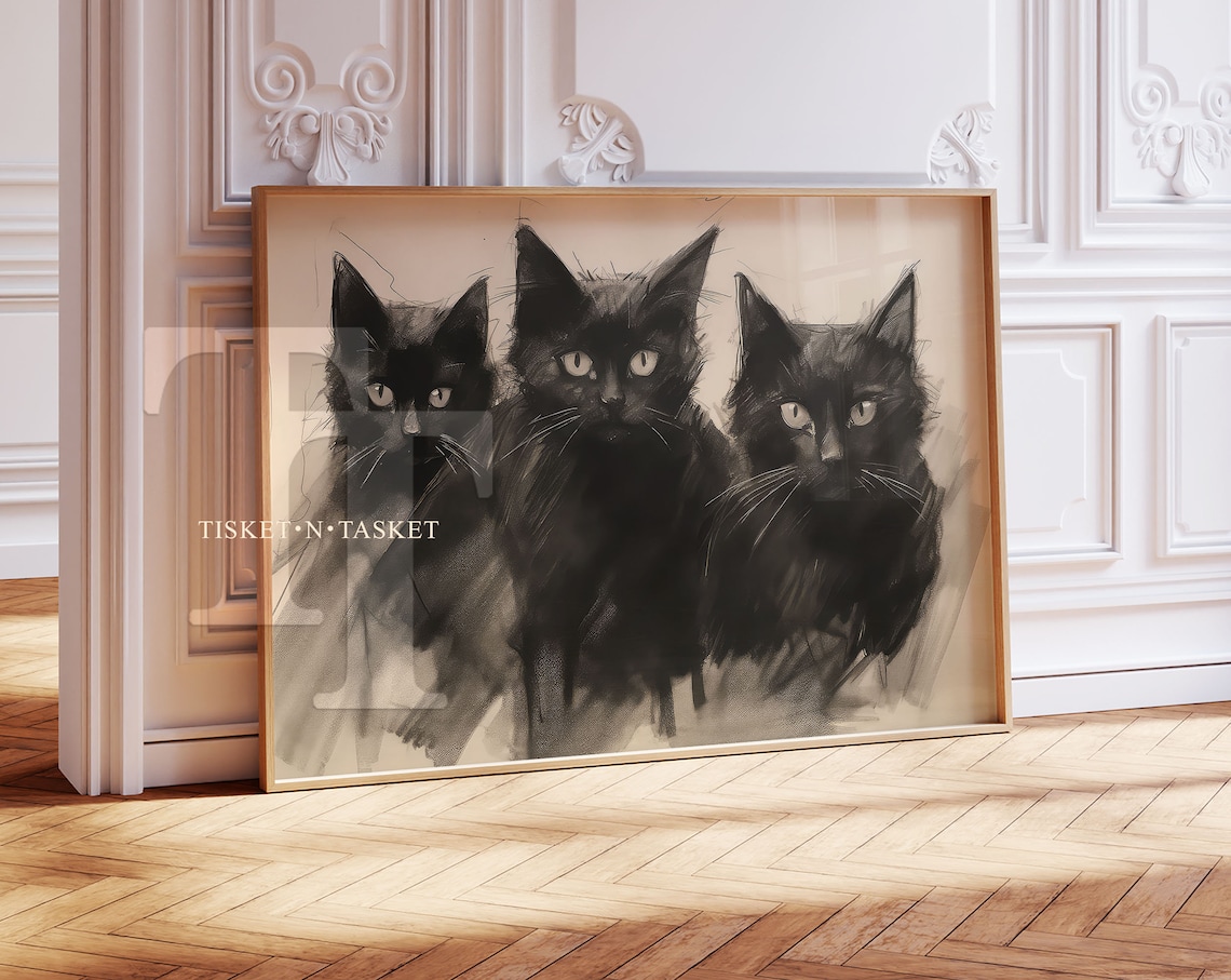 Three Black Cats Charcoal Drawing, Gothic Wall Art Print