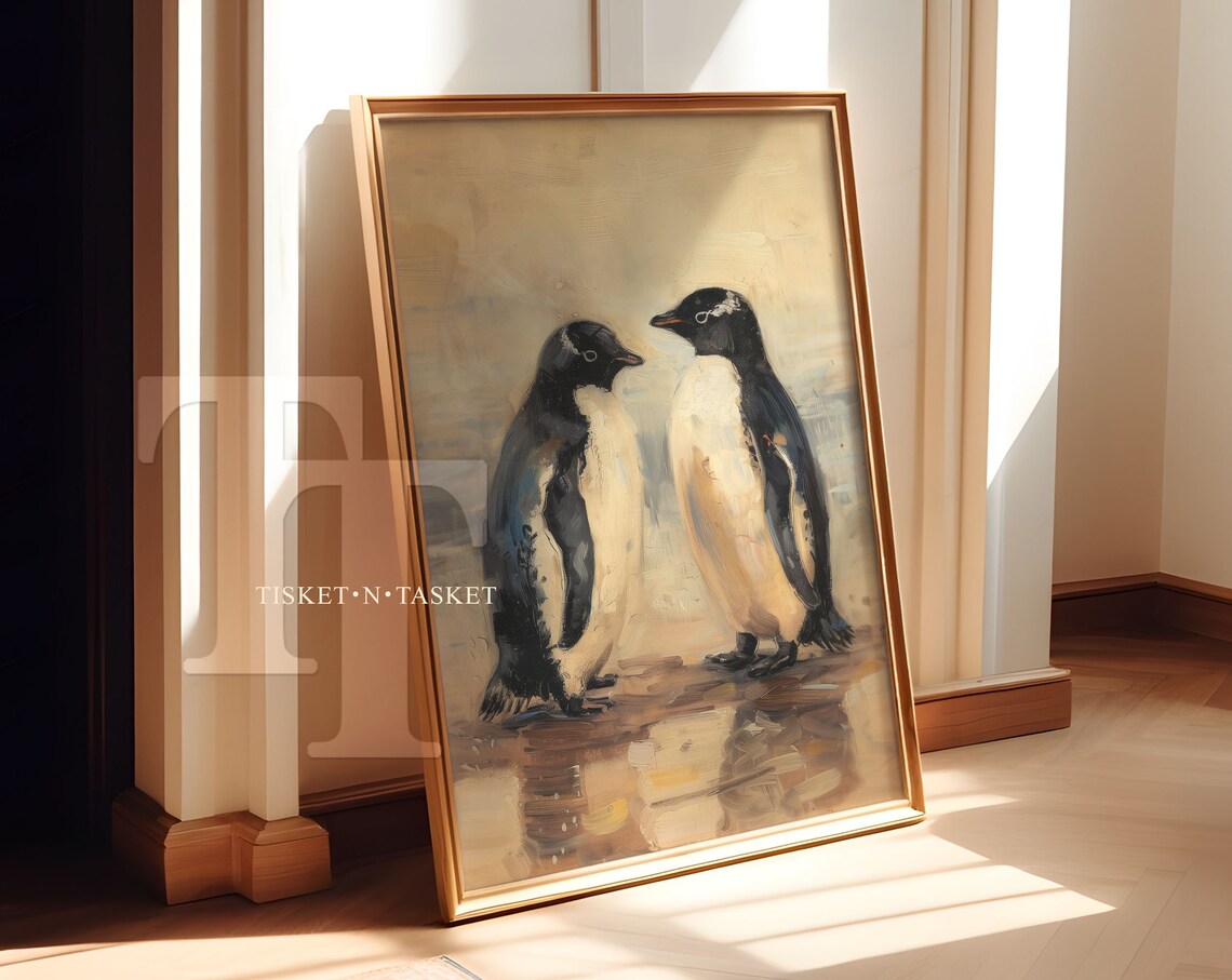 Two Penguins Vintage Style Painting Art Print