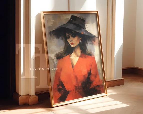 Woman Wearing Red Black Hat Fashion Painting Wall Art