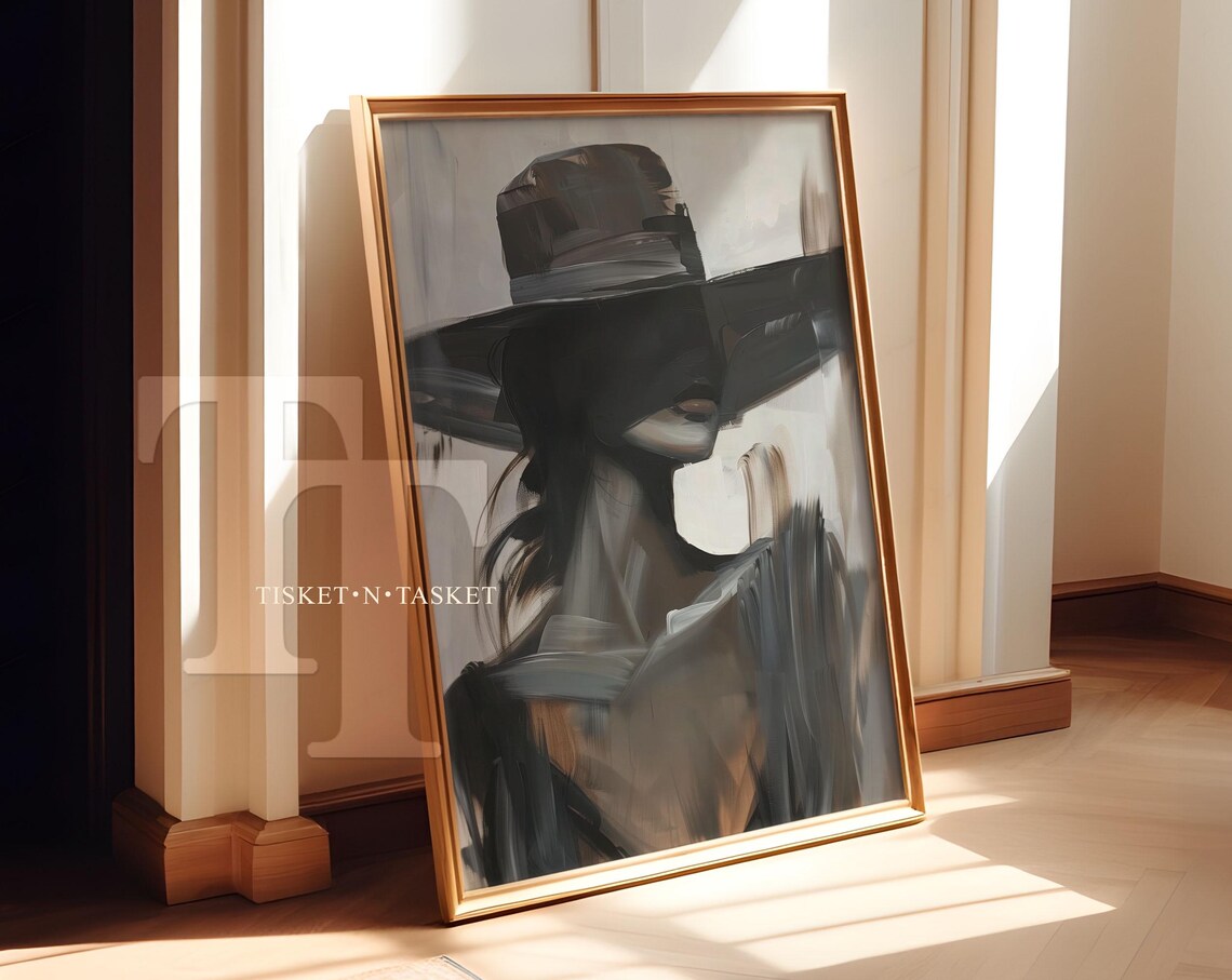 Woman in Wide Brim Hat High Fashion Abstract Portrait Neutral Grey Wall Art