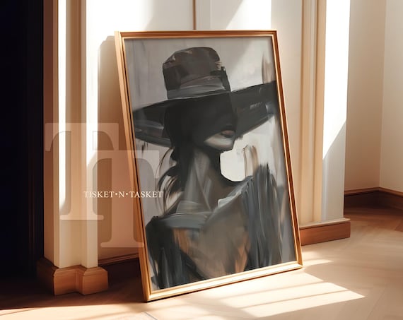 Woman in Wide Brim Hat High Fashion Abstract Portrait Neutral Grey Wall Art