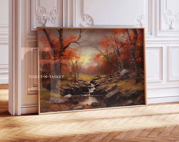 Red Autumn Leaves Forest Stream Vintage Fall Landscape Painting Poster