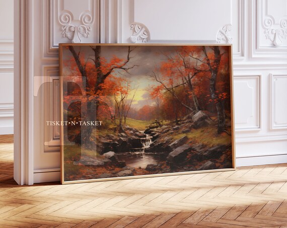 Red Autumn Leaves Landscape Painting Vintage Style Wall Art