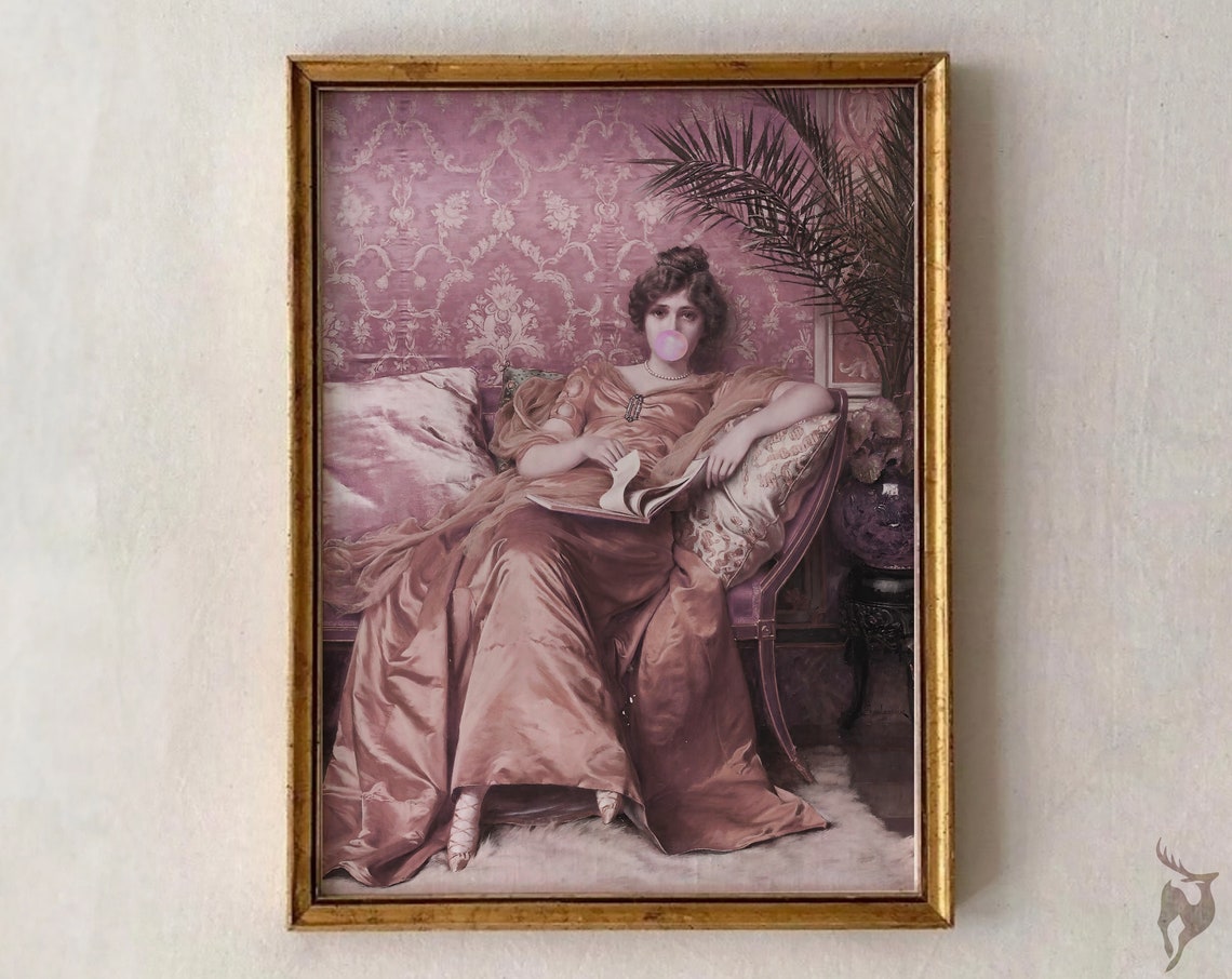 Elegant Pink Silk Gown Lady Bubblegum Bubble Classical Art Poster