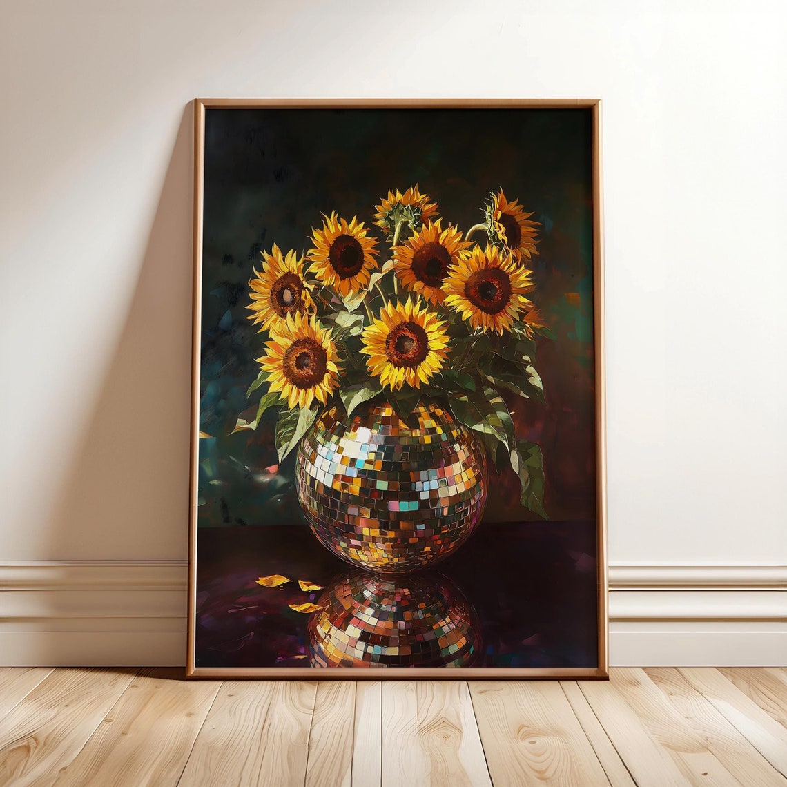 Sunflowers in a Disco Ball Vase Poster Retro Maximalist Floral Artwork