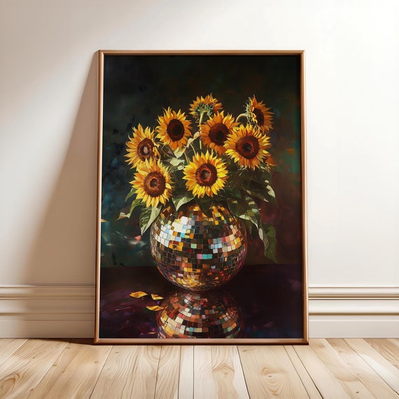 Sunflowers Disco Ball Print Retro Eclectic Wall Art Botanical Flowers Bouquet Maximalist Funky Floral Poster Optional Frame