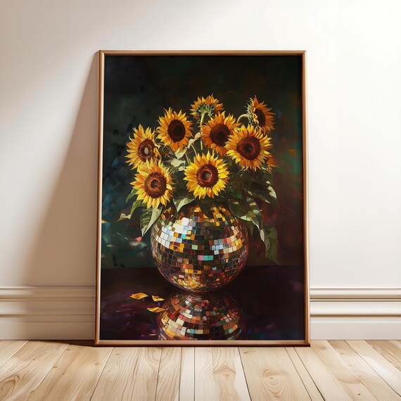 Sunflowers in a Disco Ball Vase Poster Retro Maximalist Floral Artwork