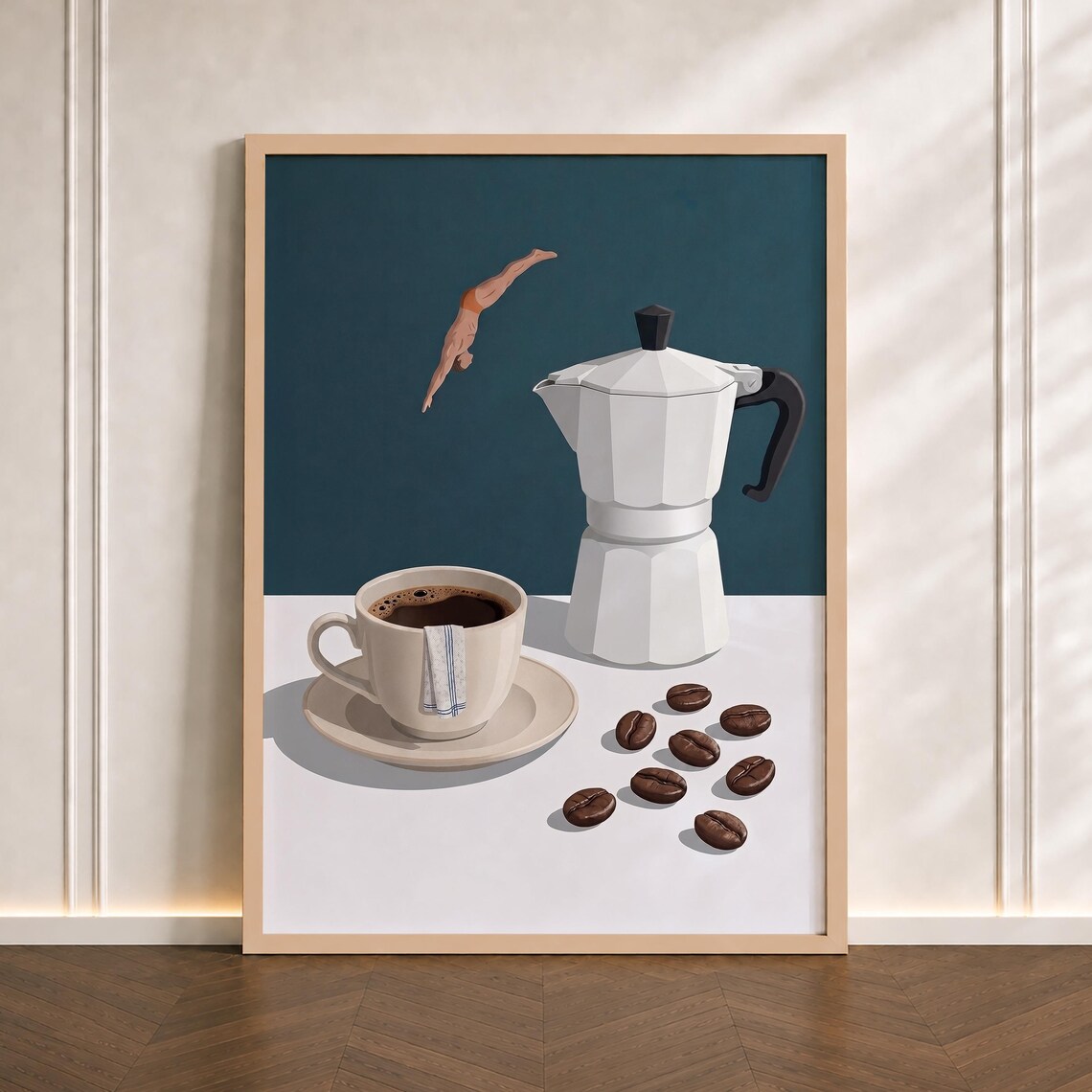 Coffee Diver Teal Espresso Moka Pot Retro Kitchen Art Poster