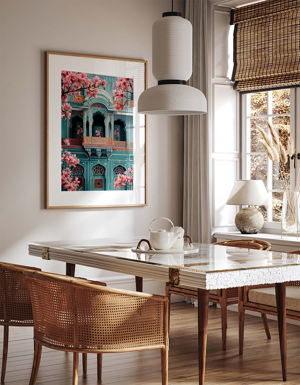 Teal Jaipur Palace Facade Pink Cherry Blossoms Spring Art Poster - Image 2