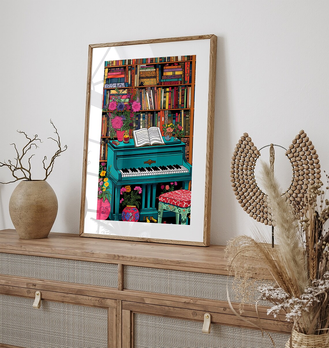 Teal Grand Piano Floral Bookcase Music Library Illustration Poster - Image 2