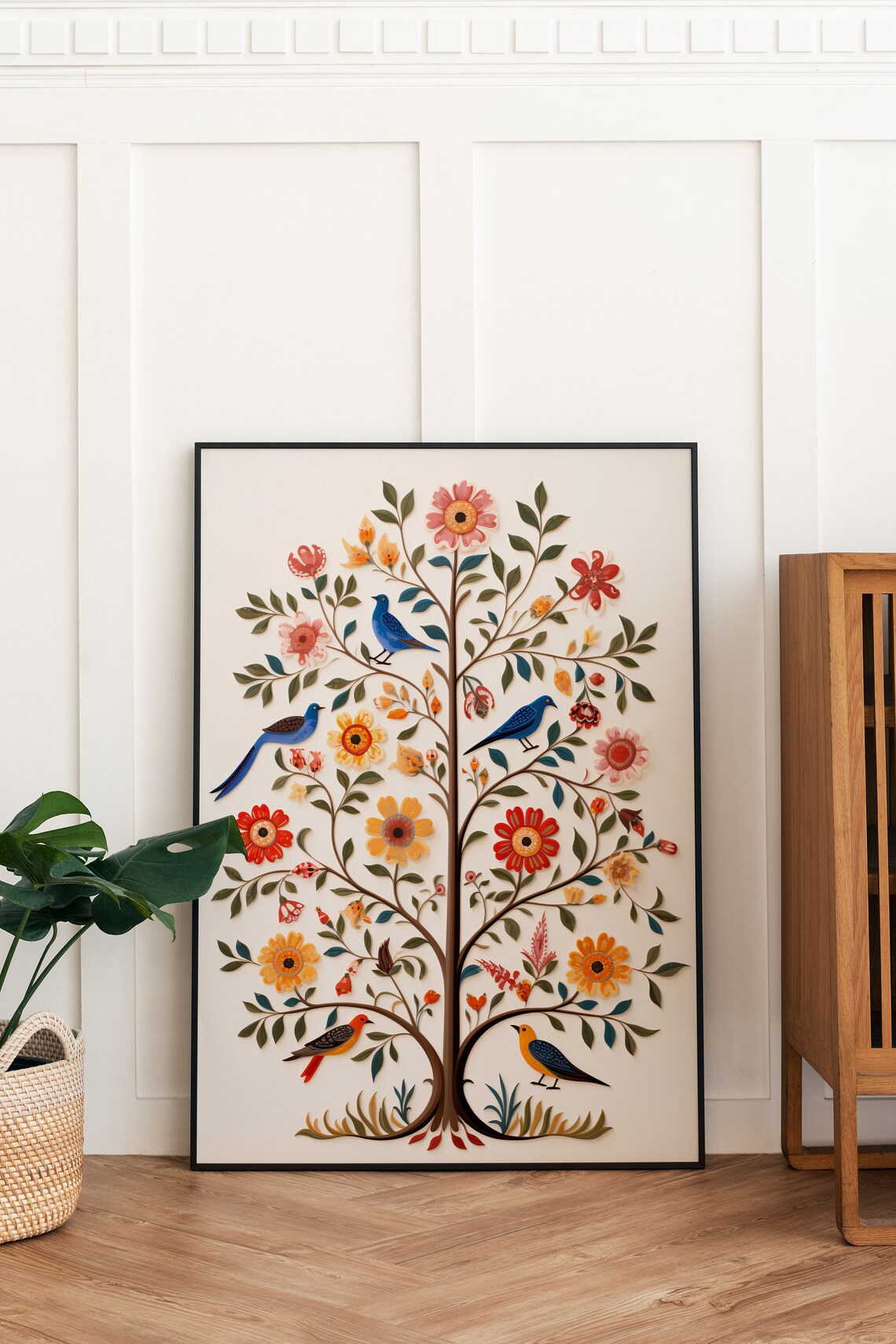 Indian Tree of Life With Colorful Birds and Blooms Folk Art Poster - Image 3