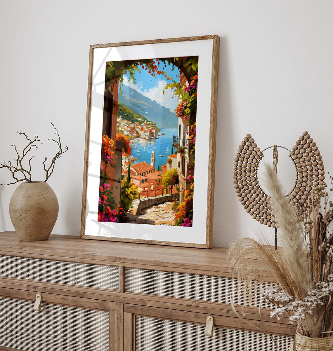 Amalfi Coast Harbor Village Terrace Sea View Flowers Art Poster - Image 3