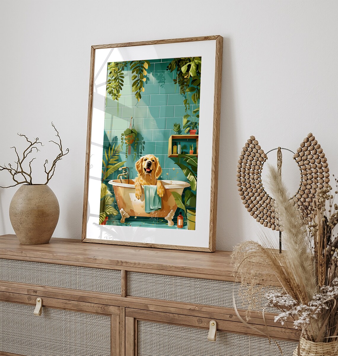 Funny Golden Retriever Bath Time Dog Bathroom Painting Wall Art - Image 2