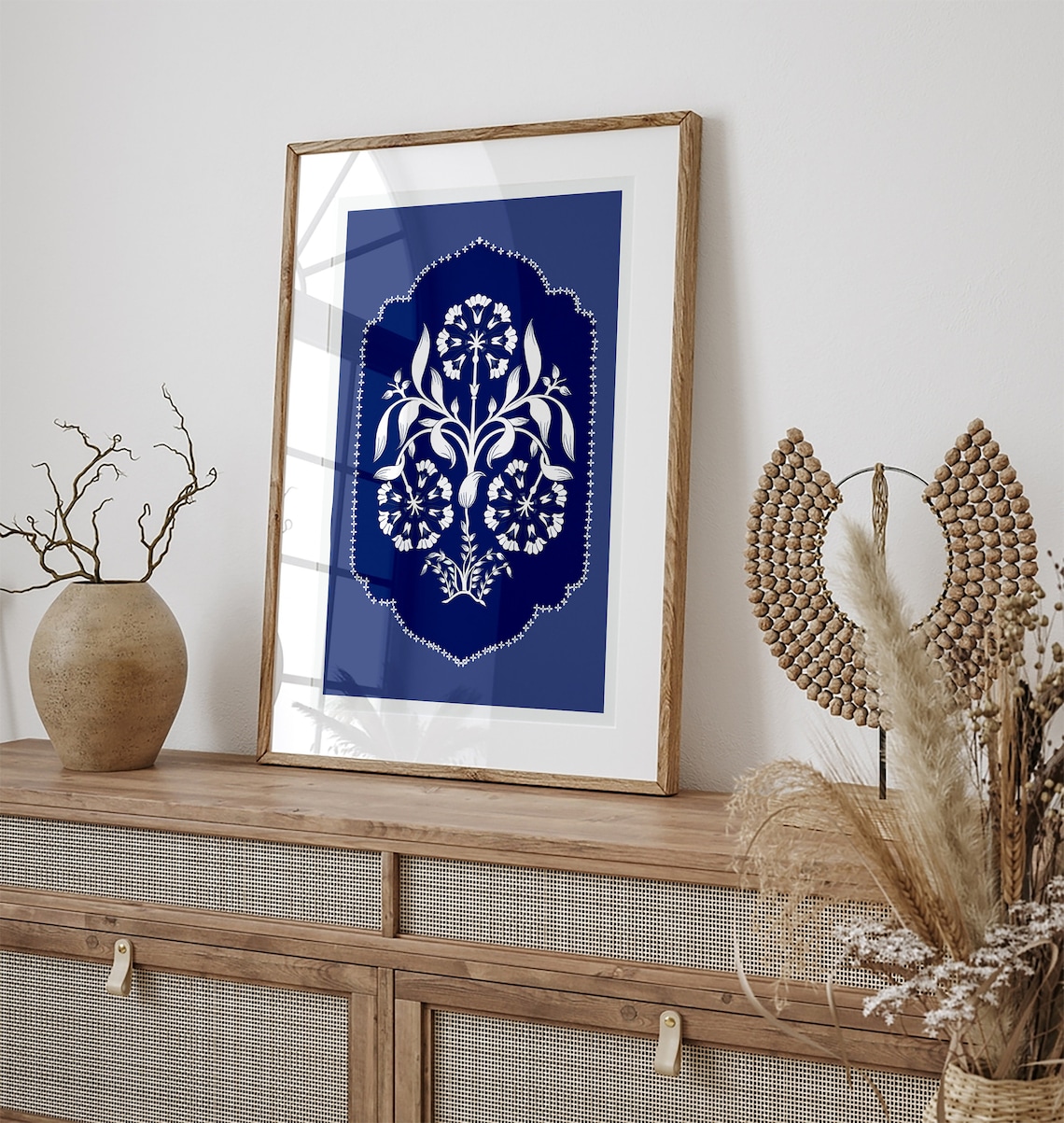 White on Blue Mughal Floral Medallion in an Arch Frame Art Poster - Image 3