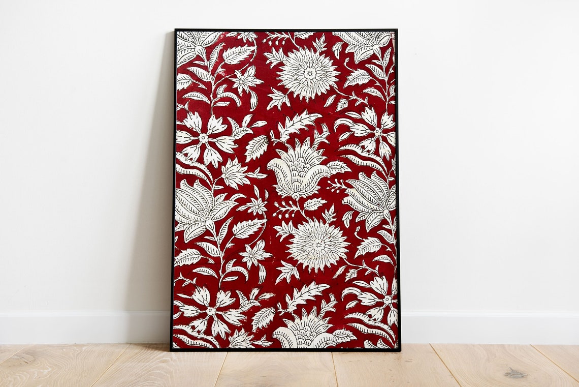 Deep Red Indian Floral Block-Printed Jaipur Palace Motif Poster