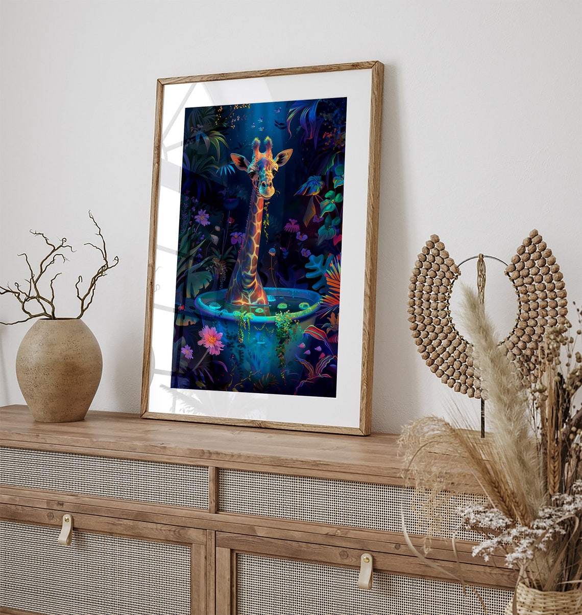 Giraffe Bathing in a Neon Jungle Bathtub at Night Fantasy Poster - Image 3