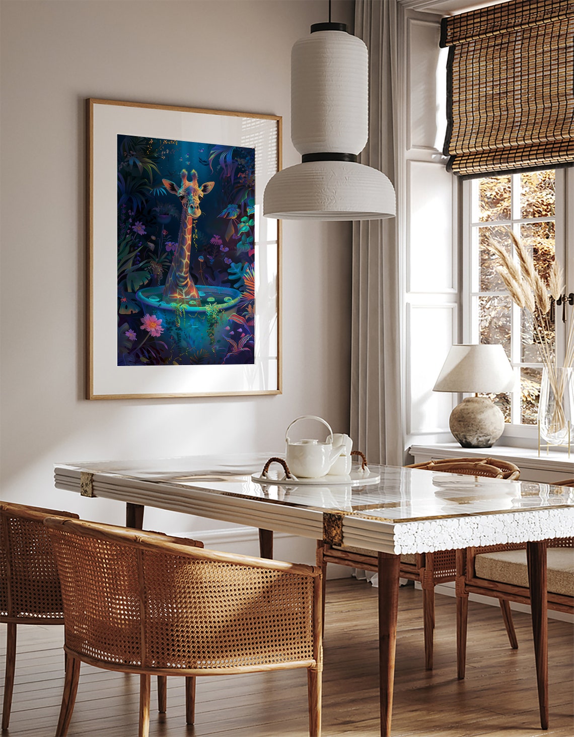 Giraffe Bathing in a Neon Jungle Bathtub at Night Fantasy Poster - Image 2