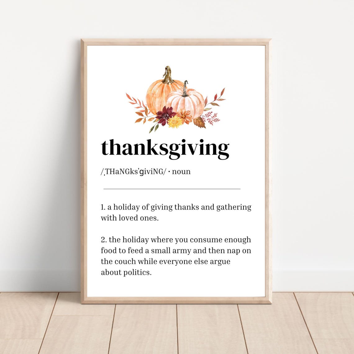 Thanksgiving Definition Watercolor Pumpkins Fall Dictionary Poster