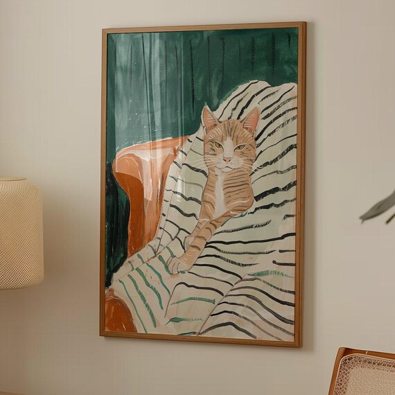 Ginger Tabby Cat Sitting On Striped Armchair Green Curtain Cozy Artwork Poster