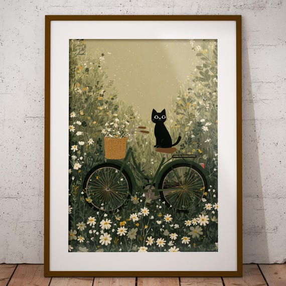 Black Cat on Bike Floral Field Whimsical Art Print