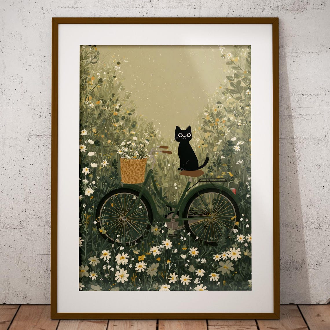 Black Cat on Bike Floral Field Whimsical Art Print