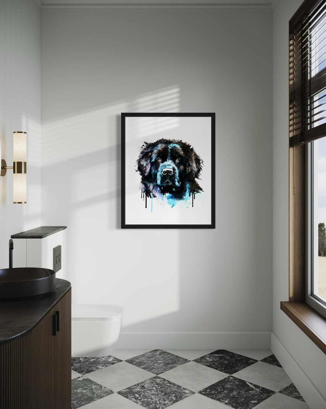 Newfoundland Dog Black Blue Watercolor Splash Portrait Poster - Image 4
