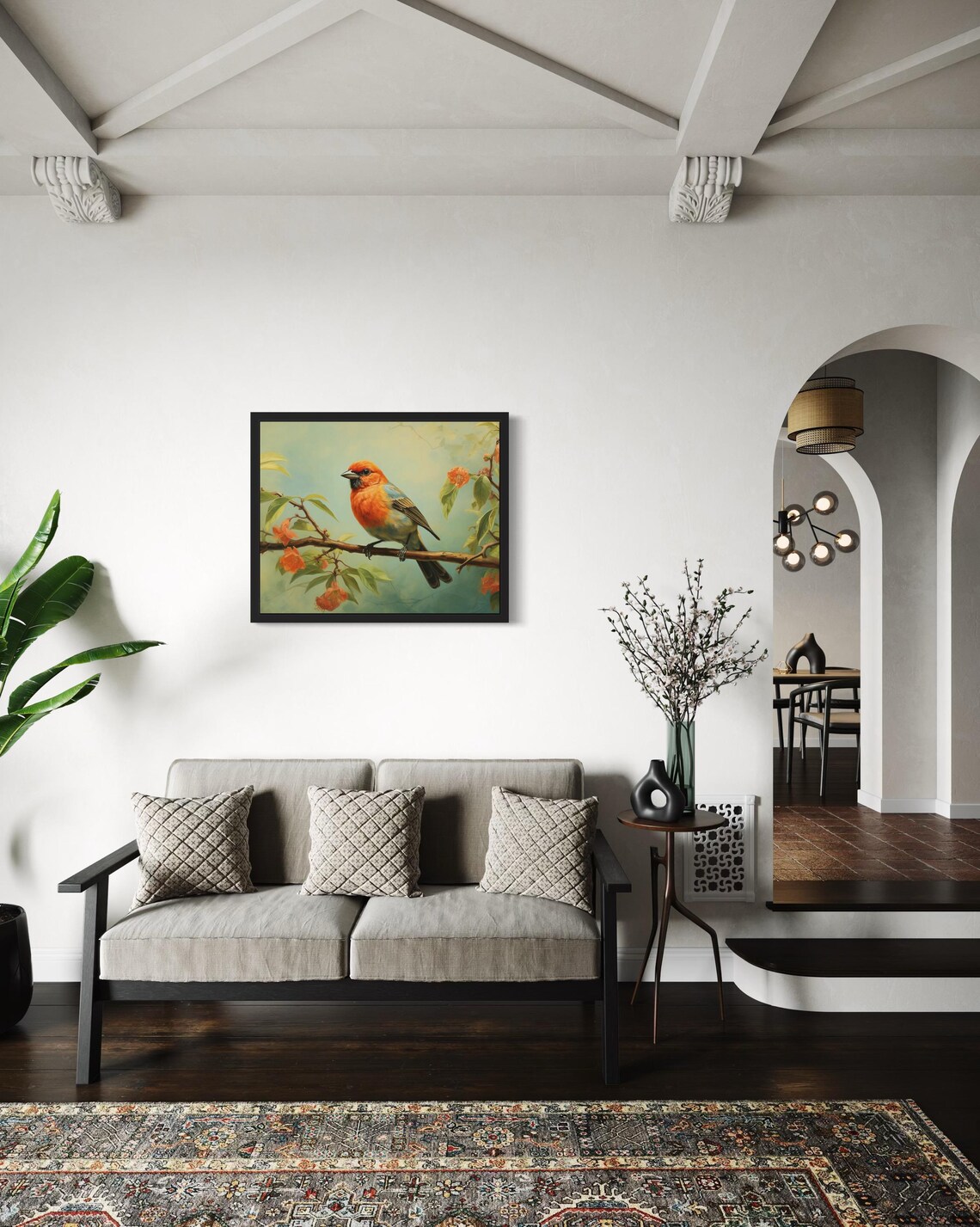 Orange Finch Perched on Flowering Branch Original Painting Poster - Image 2