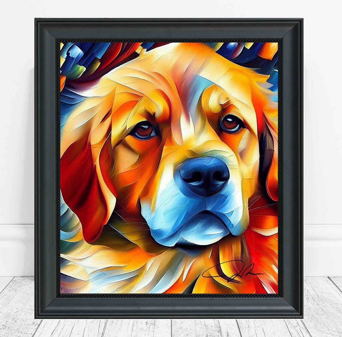 Golden Retriever Dog Colorful Abstract Oil Portrait Art Poster
