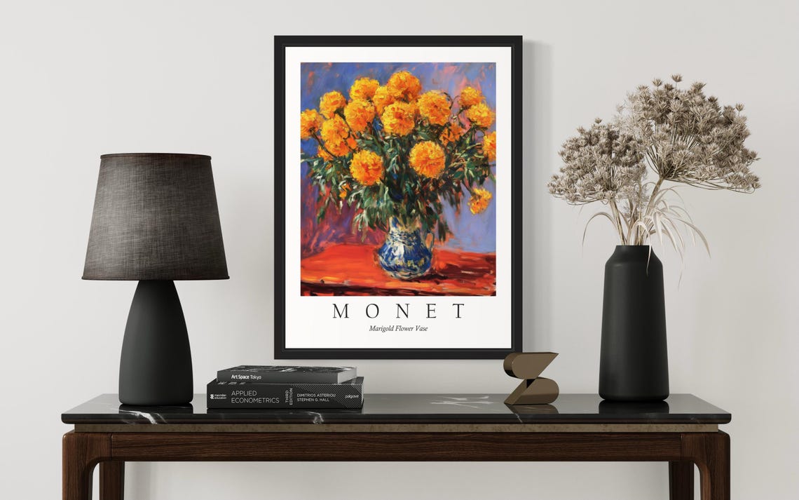 Golden Marigolds in a Blue Vase Monet Style Cheerful Flower Poster - Image 3