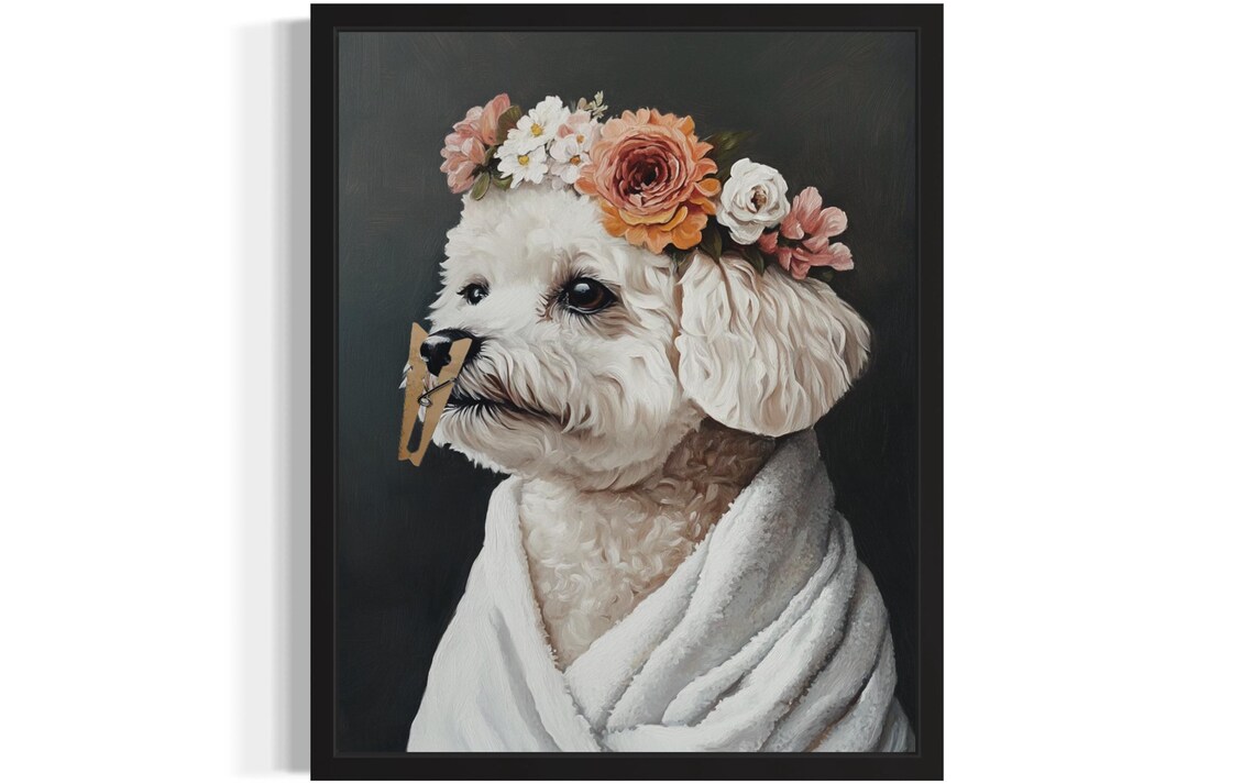 Bichon Frise Flower Crown Clothespin Funny Bathroom Art Poster