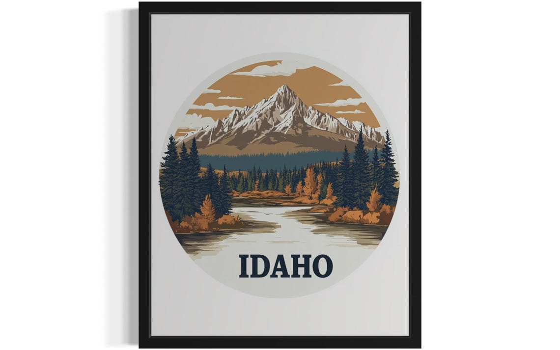 Idaho Snowcapped Peak Over Winding River Pine Forest Art Poster