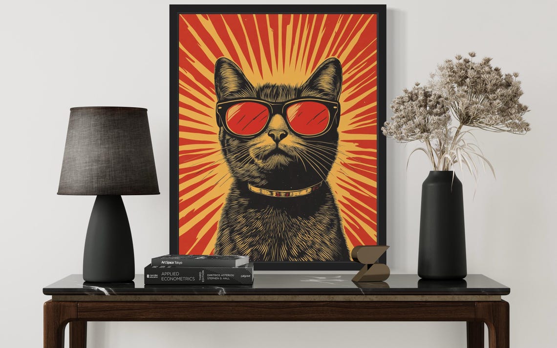 Cool Black Cat with Red Sunglasses Vintage Pop Art Sunburst Poster - Image 2