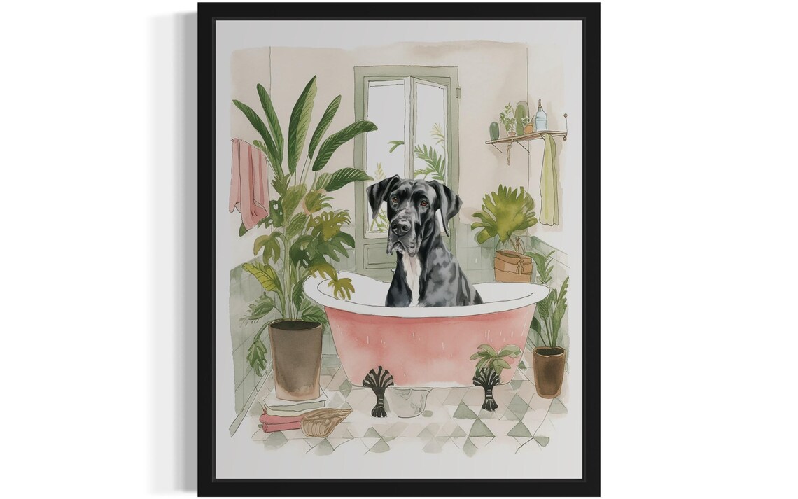 Great Dane Dog Bath Time Pink Clawfoot Tub Botanical Art Poster