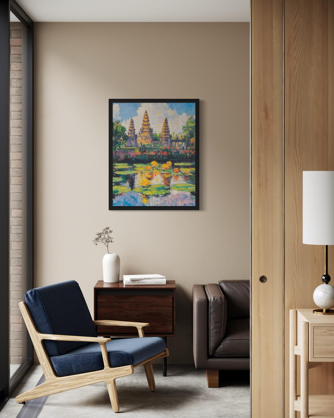 Indonesian Temple Towers Reflected in Lotus Pond Painting Poster - Image 2