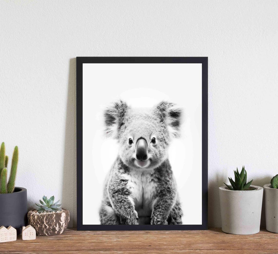 Sweet Koala Face Front View in Black and White Portrait Poster - Image 2