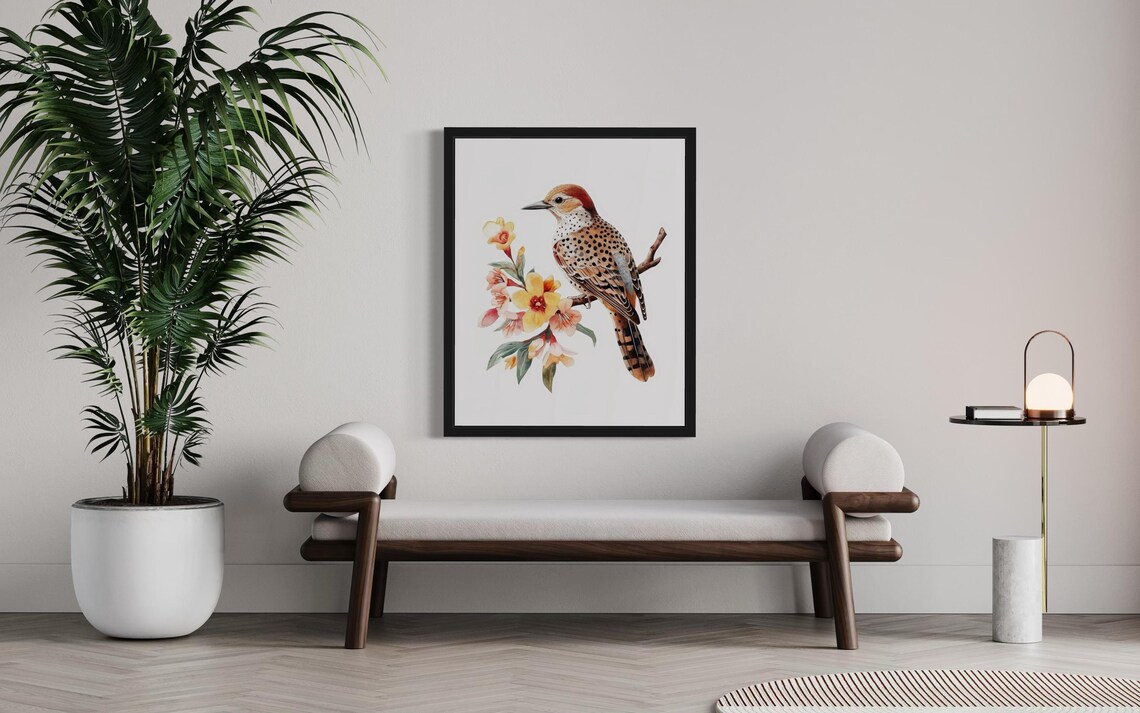 Northern Flicker On Yellow Blossom Branch Watercolor Bird Poster - Image 3