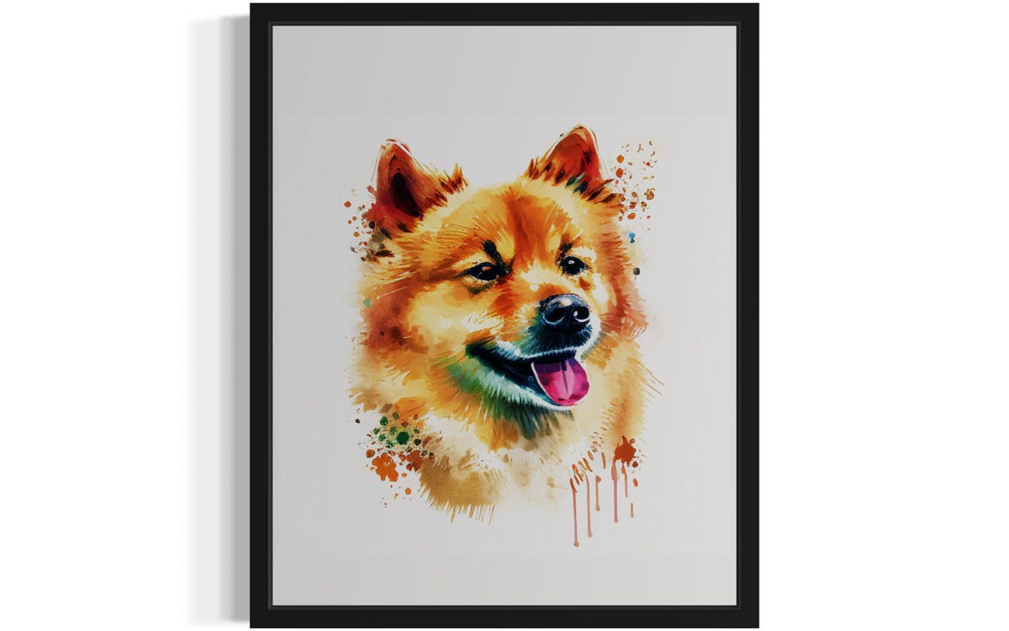 Finnish Spitz Watercolor Portrait Golden Splash Ink Art Poster