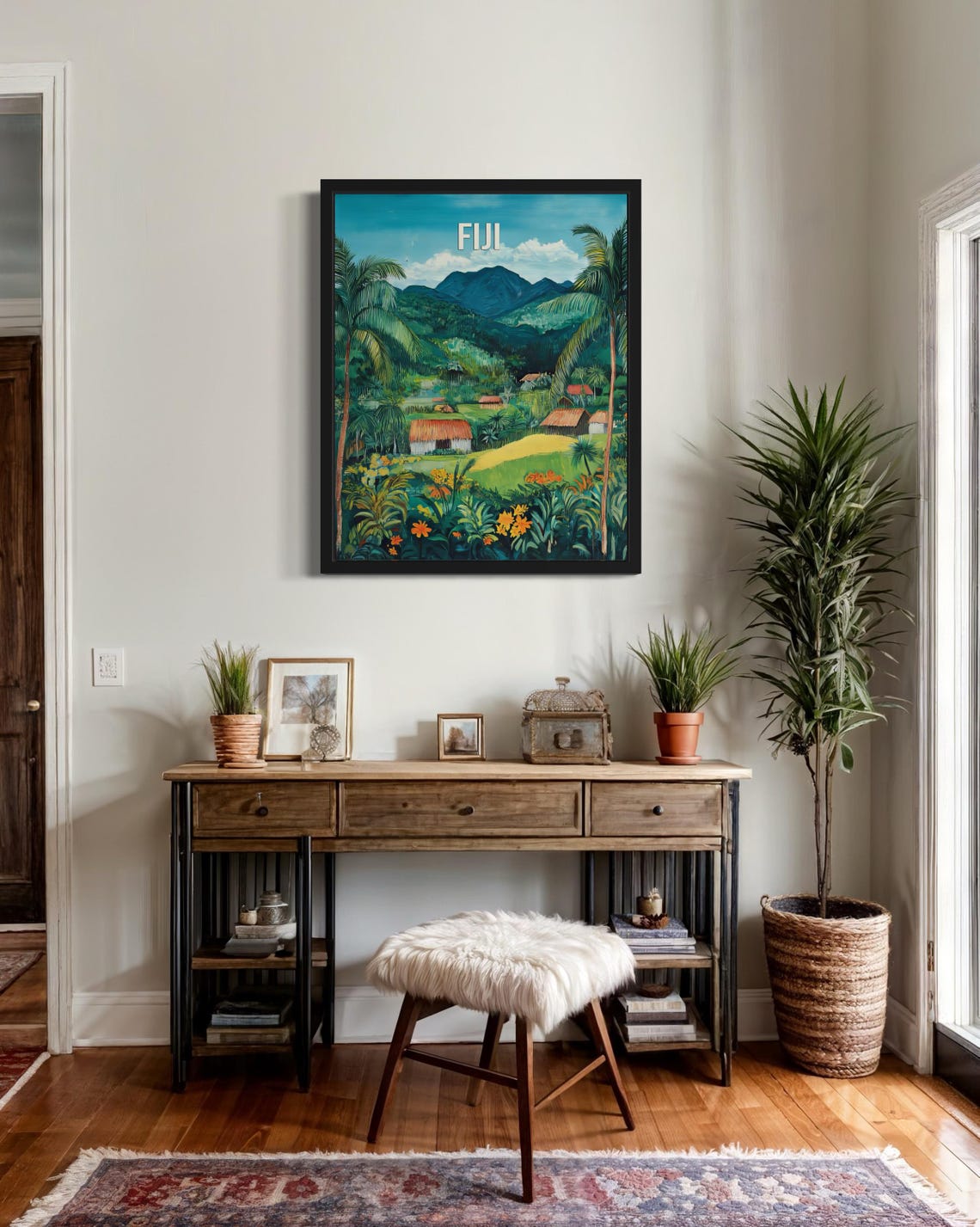 Fiji Towering Palms Thatched Village Misty Mountains Folk Art Poster - Image 3