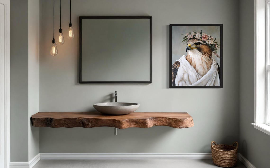 Fierce Hawk Portrait with Flower Crown in White Drape Art Poster - Image 4