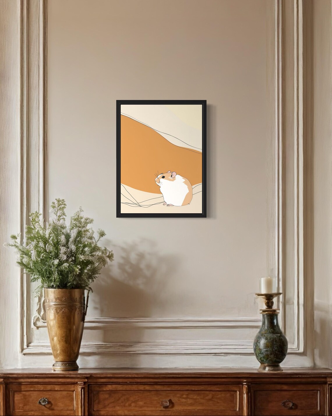 Tiny Hamster Minimalist Line Art Warm Beige Abstract Art Poster - Image 2