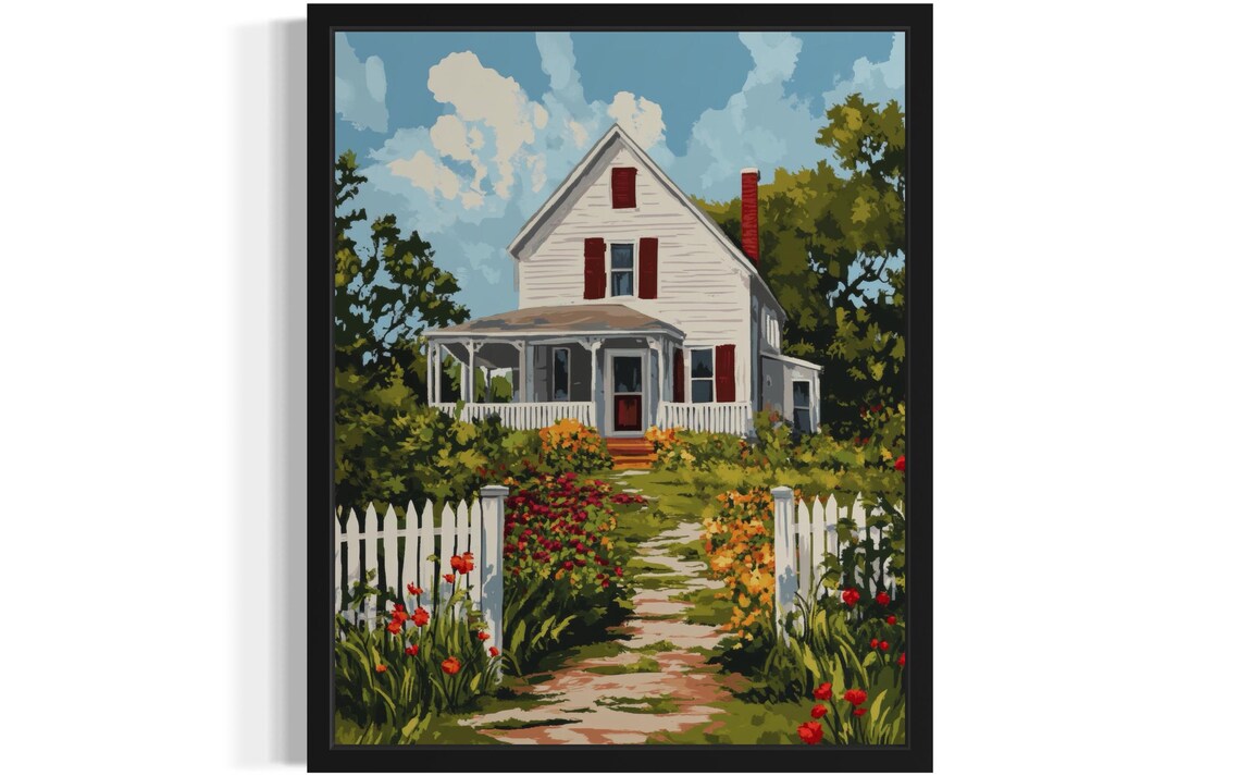 White Farmhouse Red Shutters Picket Fence Flower Garden Art Poster