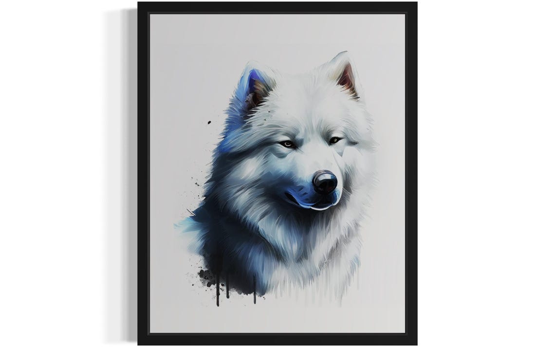 Fluffy Samoyed Dog Icy Blue Watercolor Splash Portrait Art Poster