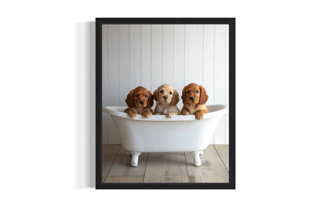 Three Cocker Spaniel Puppies in White Bathtub Sweet Dog Photo Poster