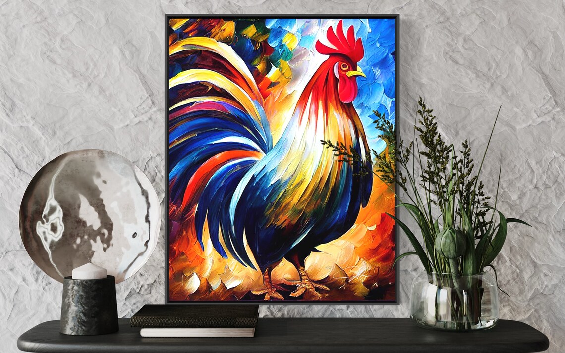Vibrant Rainbow Rooster Colorful Plumage Oil Painting Art Poster