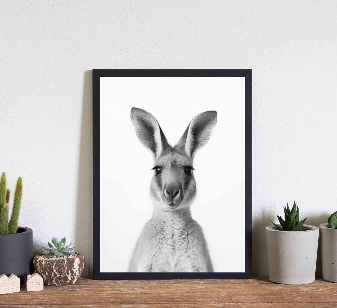 Friendly Kangaroo Face Front View in Black and White Portrait Poster - Image 3