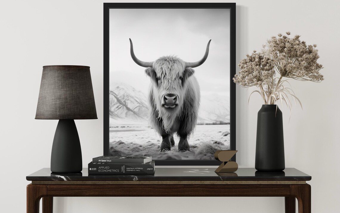 Highland Cow In Snow Black And White Portrait Photo Art Poster - Image 2