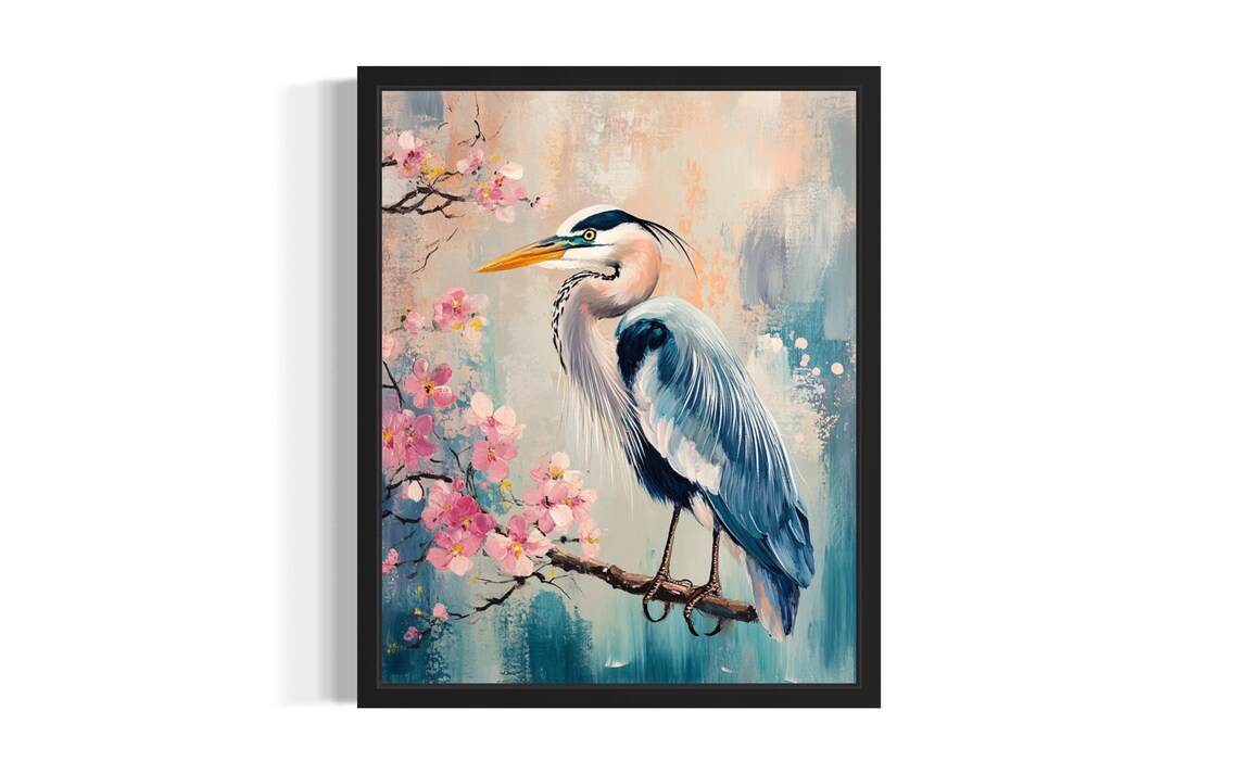 Great Blue Heron Among Cherry Blossoms Floral Bird Painting Poster